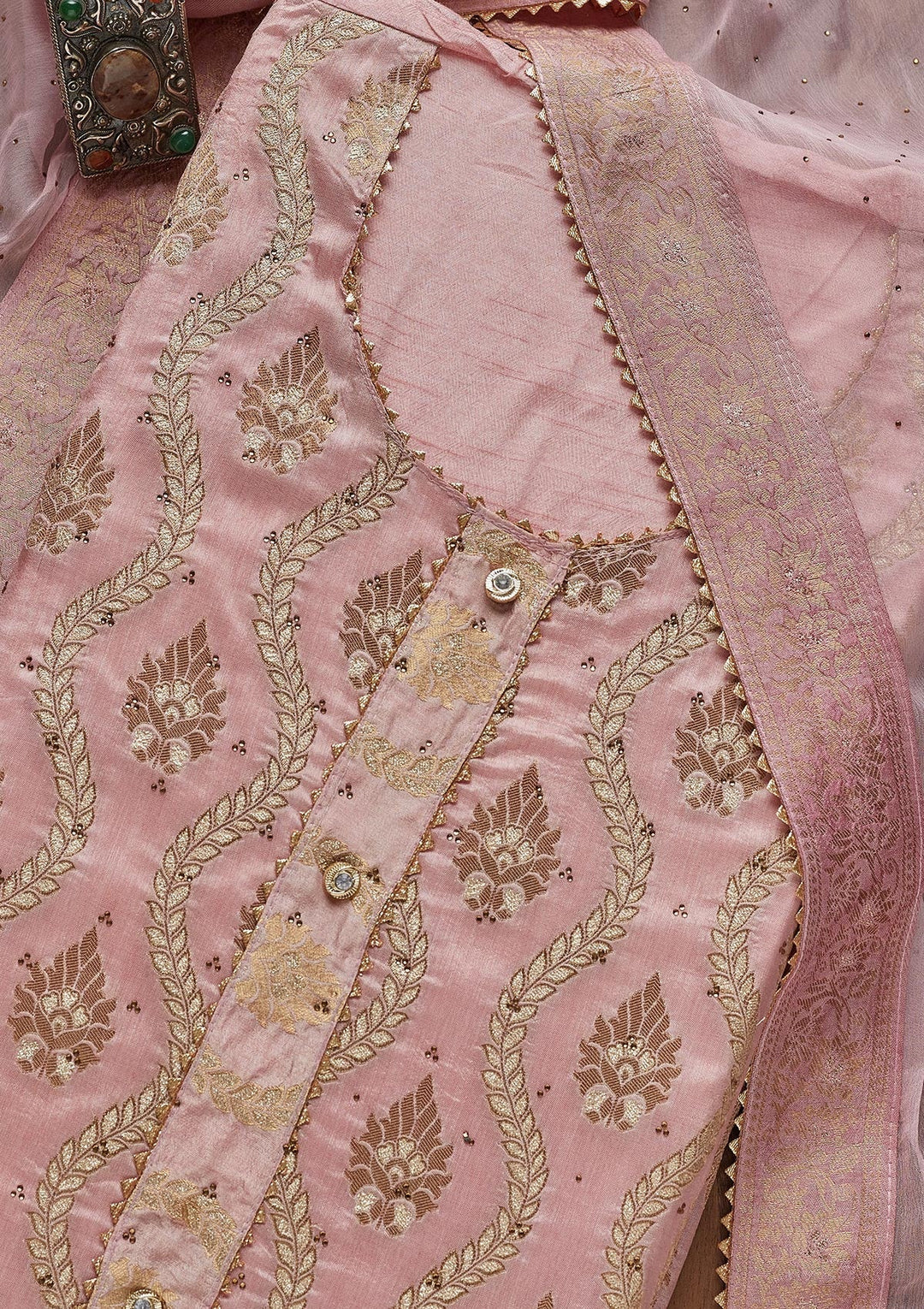 Baby Pink Zariwork Georgette Unstitched Salwar Suit - Koskii