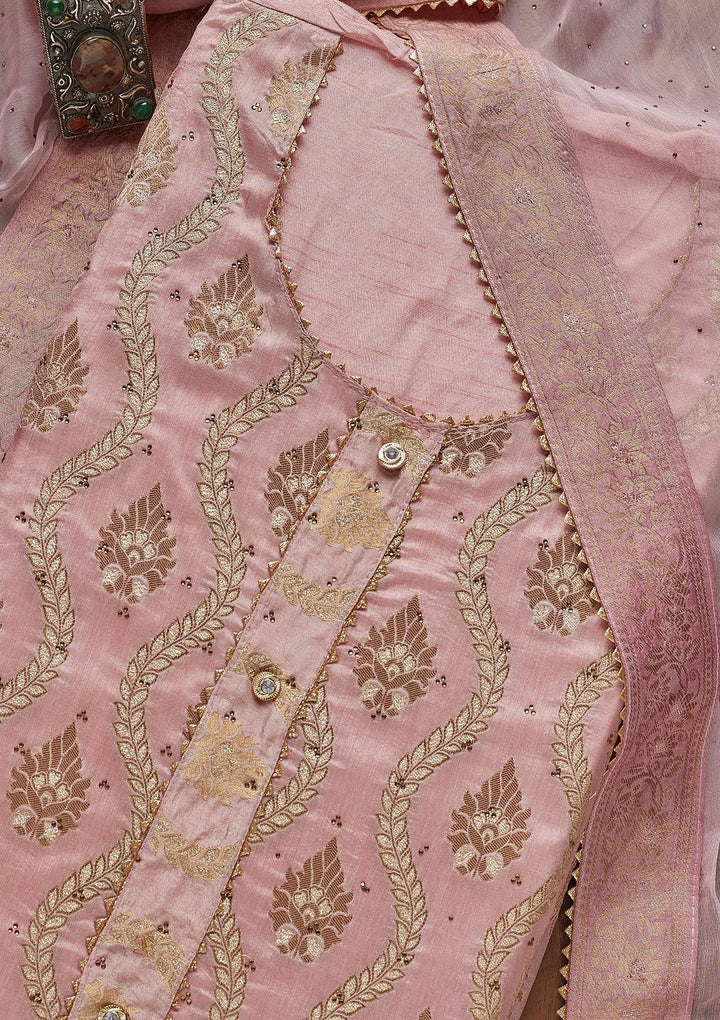 Baby Pink Zariwork Georgette Unstitched Salwar Suit - Koskii