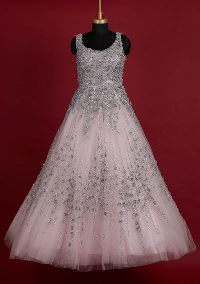 Baby Pink Zariwork Net Designer Gown - koskii