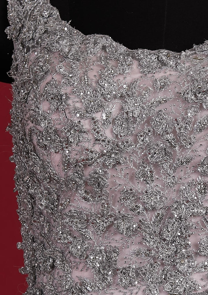 Baby Pink Zariwork Net Designer Gown - koskii
