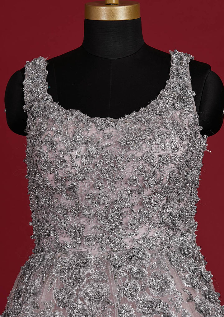 Baby Pink Zariwork Net Designer Gown - koskii