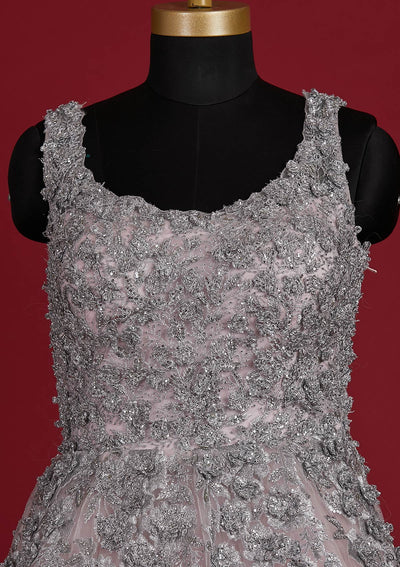 Baby Pink Zariwork Net Designer Gown - koskii