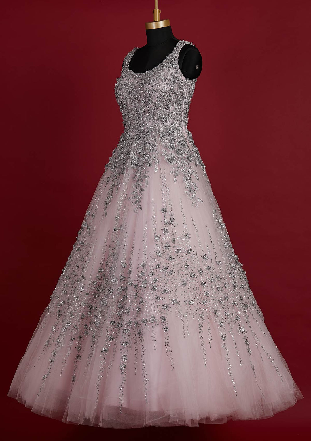 Baby Pink Zariwork Net Designer Gown - koskii