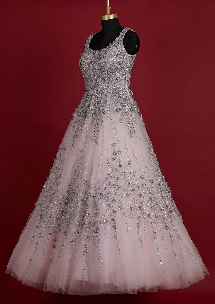 Baby Pink Zariwork Net Designer Gown - koskii