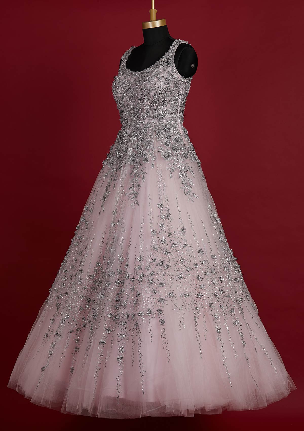 Baby Pink Zariwork Net Designer Gown - koskii