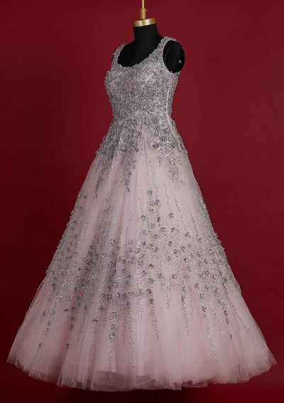 Baby Pink Zariwork Net Designer Gown - koskii