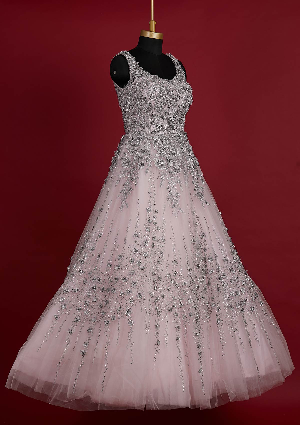 Baby Pink Zariwork Net Designer Gown - koskii