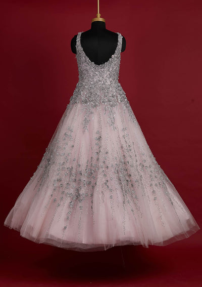 Baby Pink Zariwork Net Designer Gown - koskii