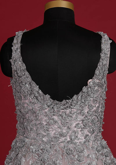 Baby Pink Zariwork Net Designer Gown - koskii