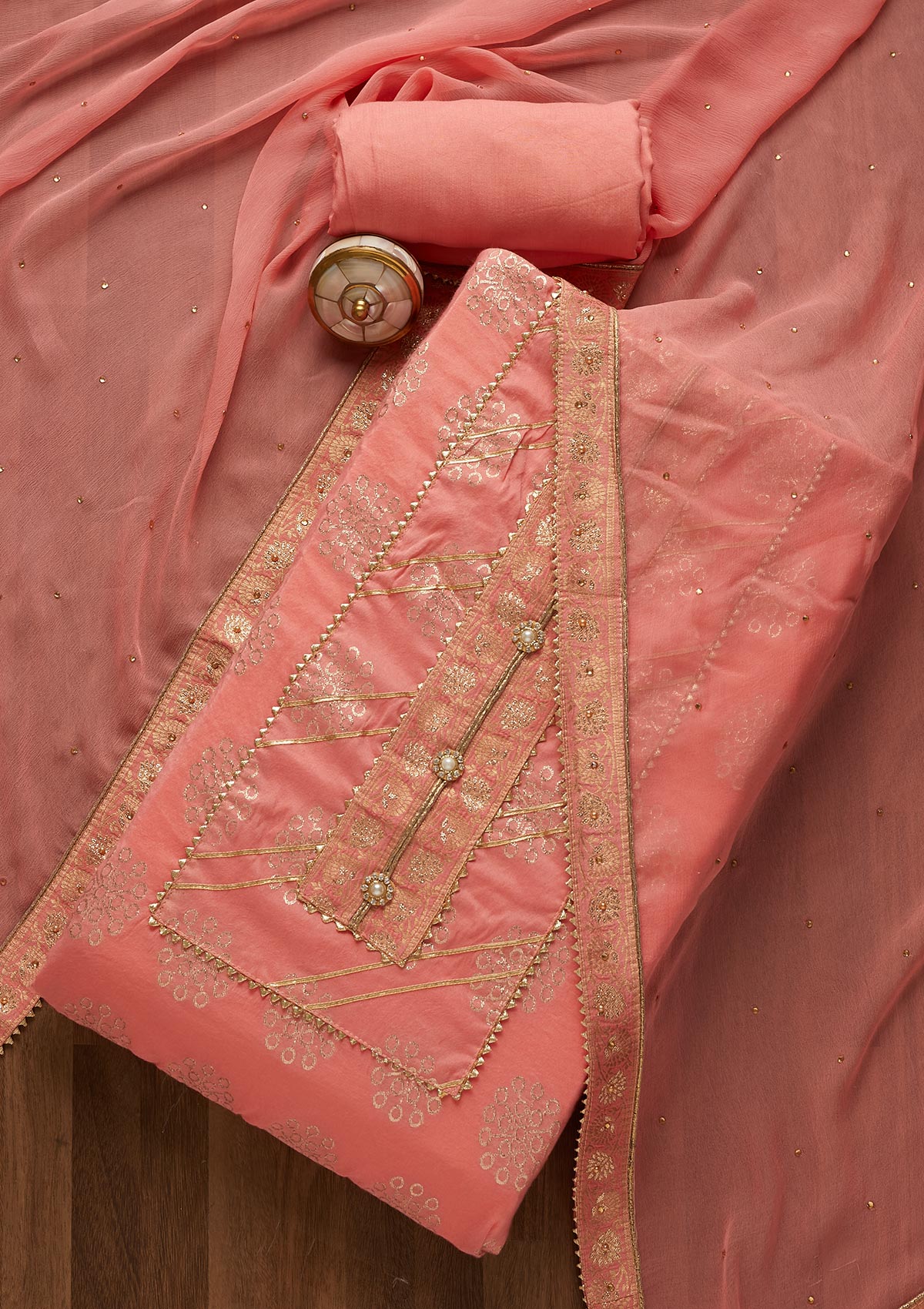 Baby Pink Zariwork Raw Silk Unstitched Salwar Suit-Koskii