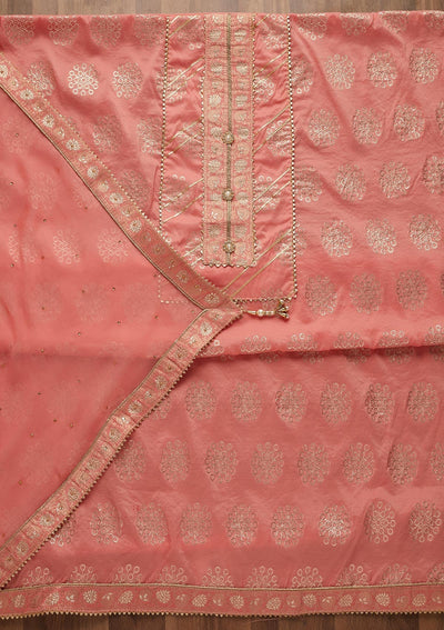 Baby Pink Zariwork Raw Silk Unstitched Salwar Suit-Koskii