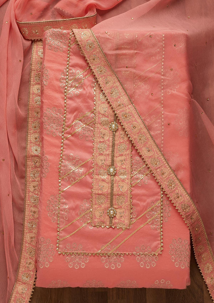 Baby Pink Zariwork Raw Silk Unstitched Salwar Suit-Koskii