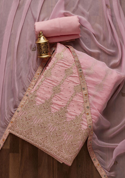 Baby Pink Zariwork Semi Crepe Designer Unstitched Salwar Suit - Koskii