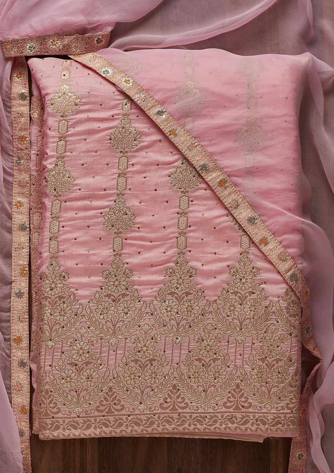 Baby Pink Zariwork Semi Crepe Designer Unstitched Salwar Suit - Koskii