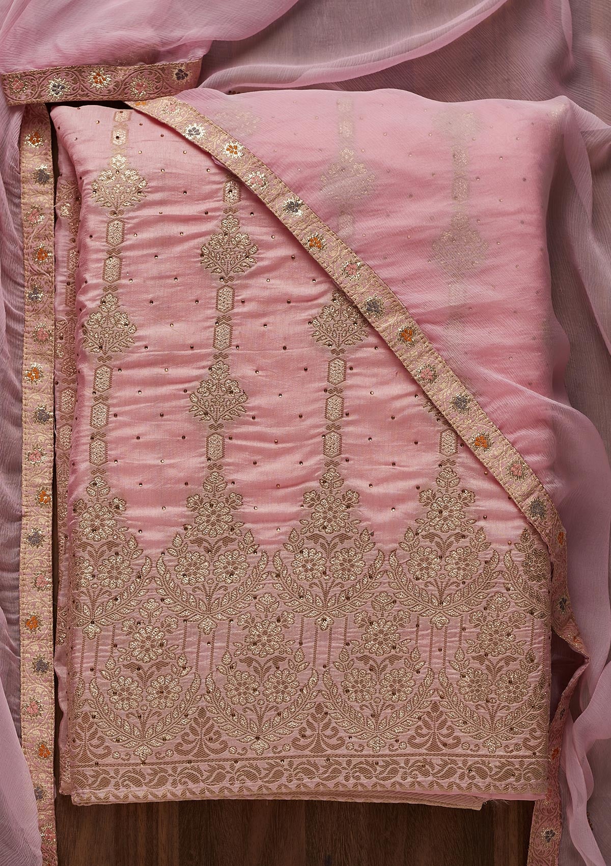 Baby Pink Zariwork Semi Crepe Designer Unstitched Salwar Suit - Koskii