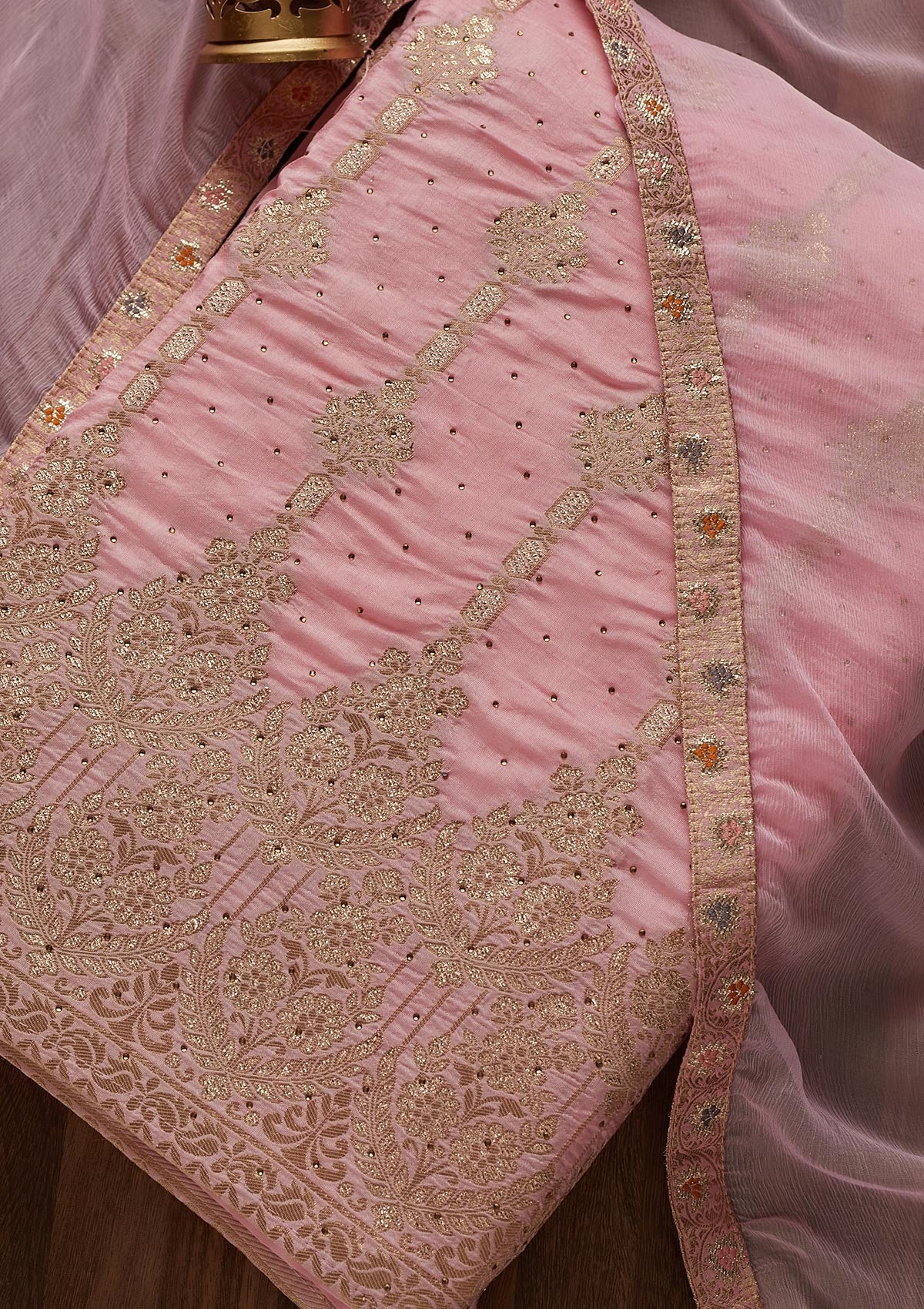Baby Pink Zariwork Semi Crepe Designer Unstitched Salwar Suit - Koskii