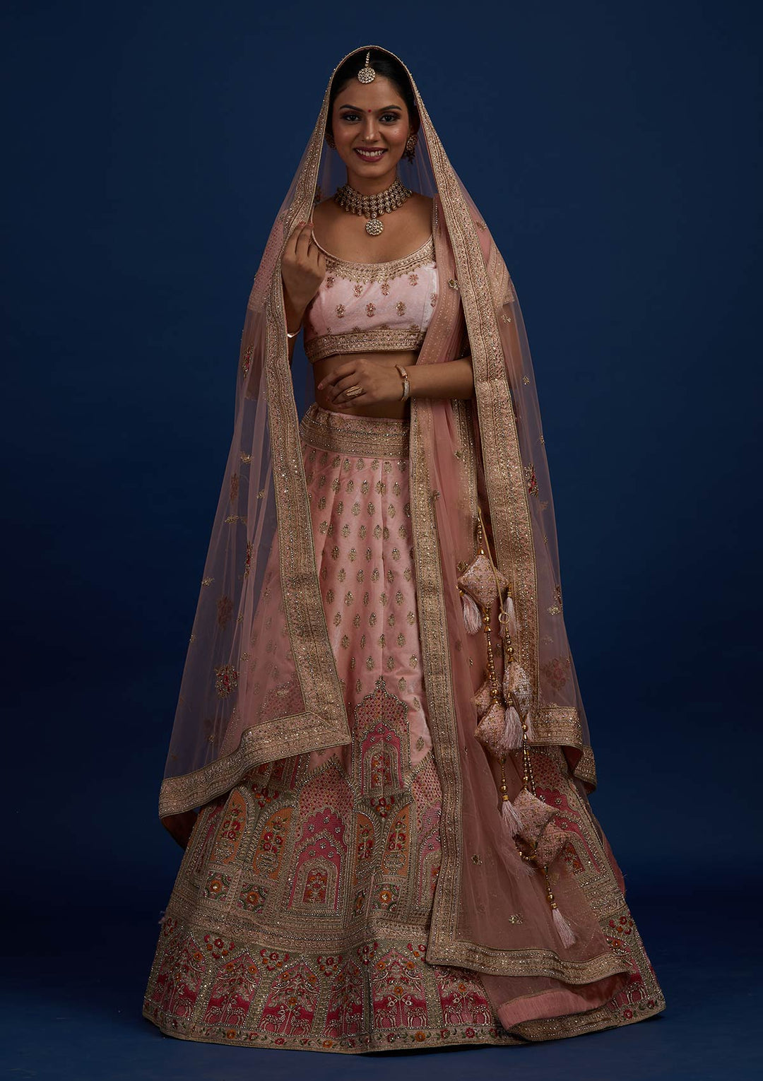 Baby Pink Zariwork Velvet Designer Semi-Stitched Lehenga - Koskii