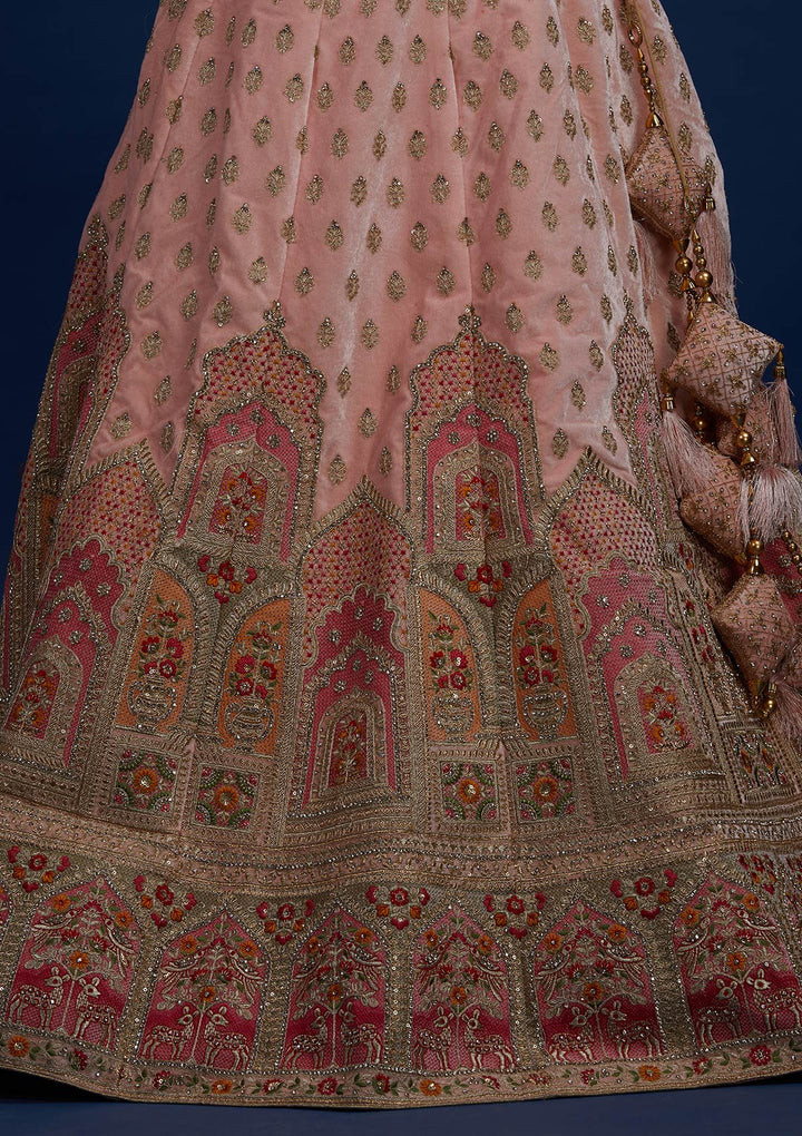 Baby Pink Zariwork Velvet Designer Semi-Stitched Lehenga - Koskii
