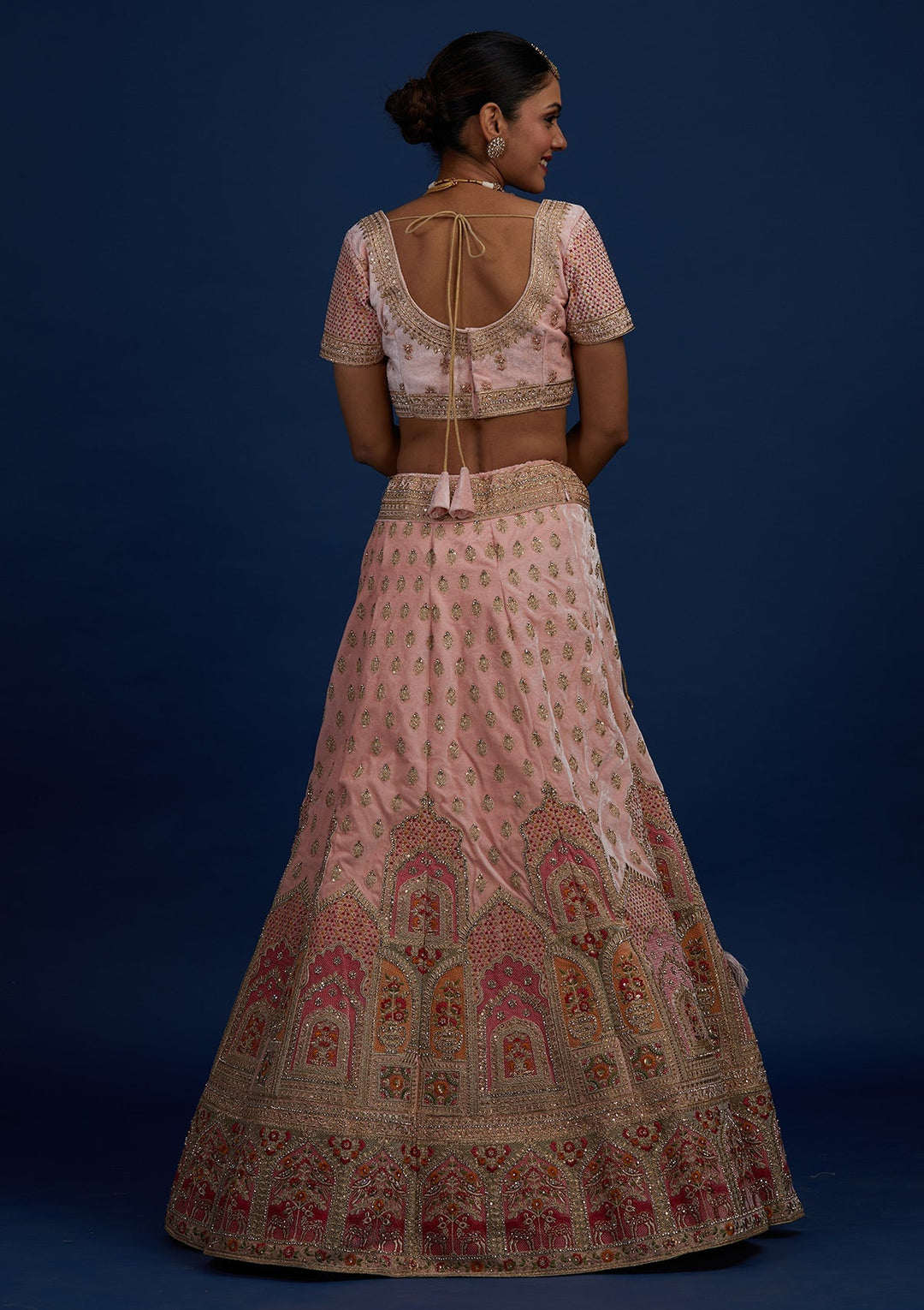 Baby Pink Zariwork Velvet Designer Semi-Stitched Lehenga - Koskii