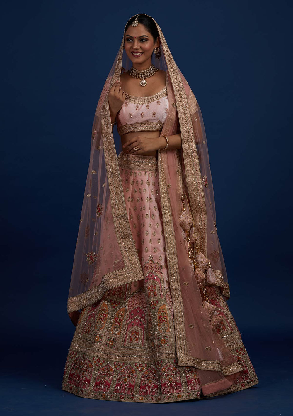 Baby Pink Zariwork Velvet Designer Semi-Stitched Lehenga - Koskii