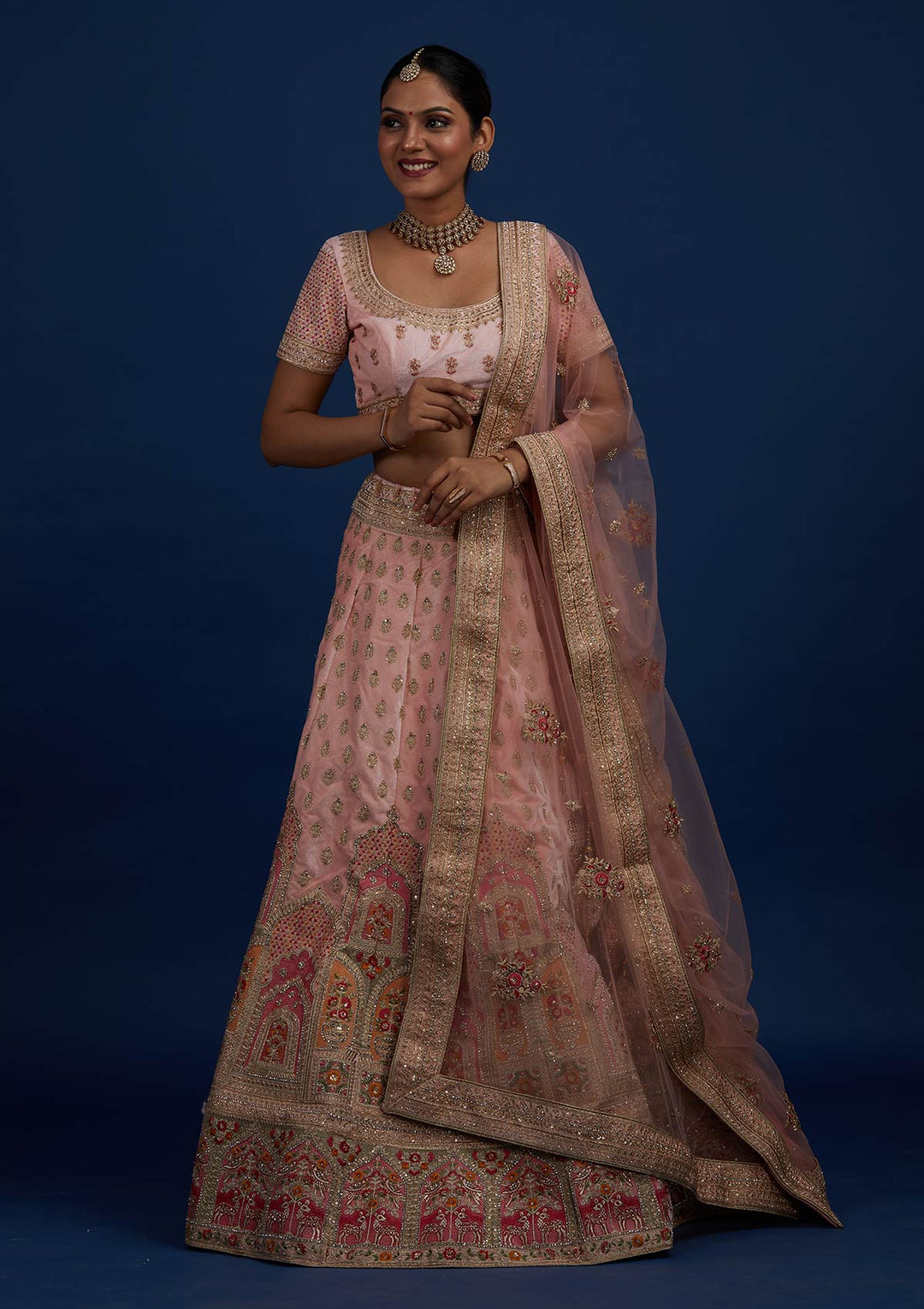 Baby Pink Zariwork Velvet Designer Semi-Stitched Lehenga - Koskii