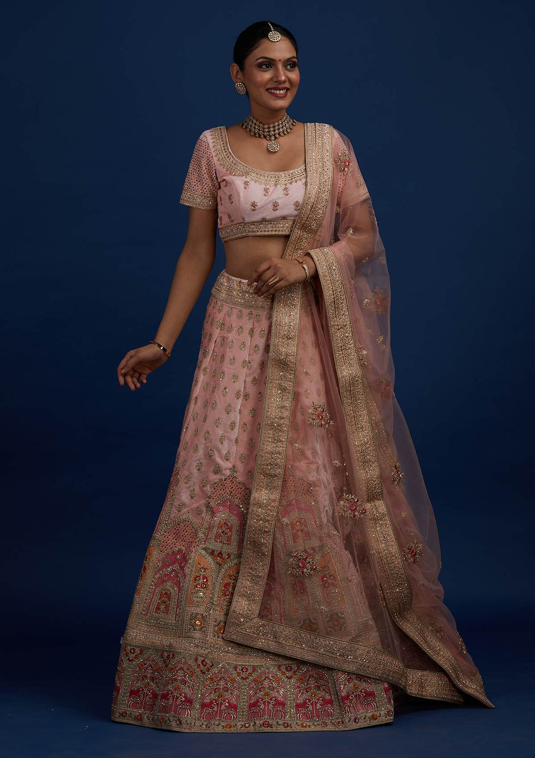 Baby Pink Zariwork Velvet Designer Semi-Stitched Lehenga - Koskii