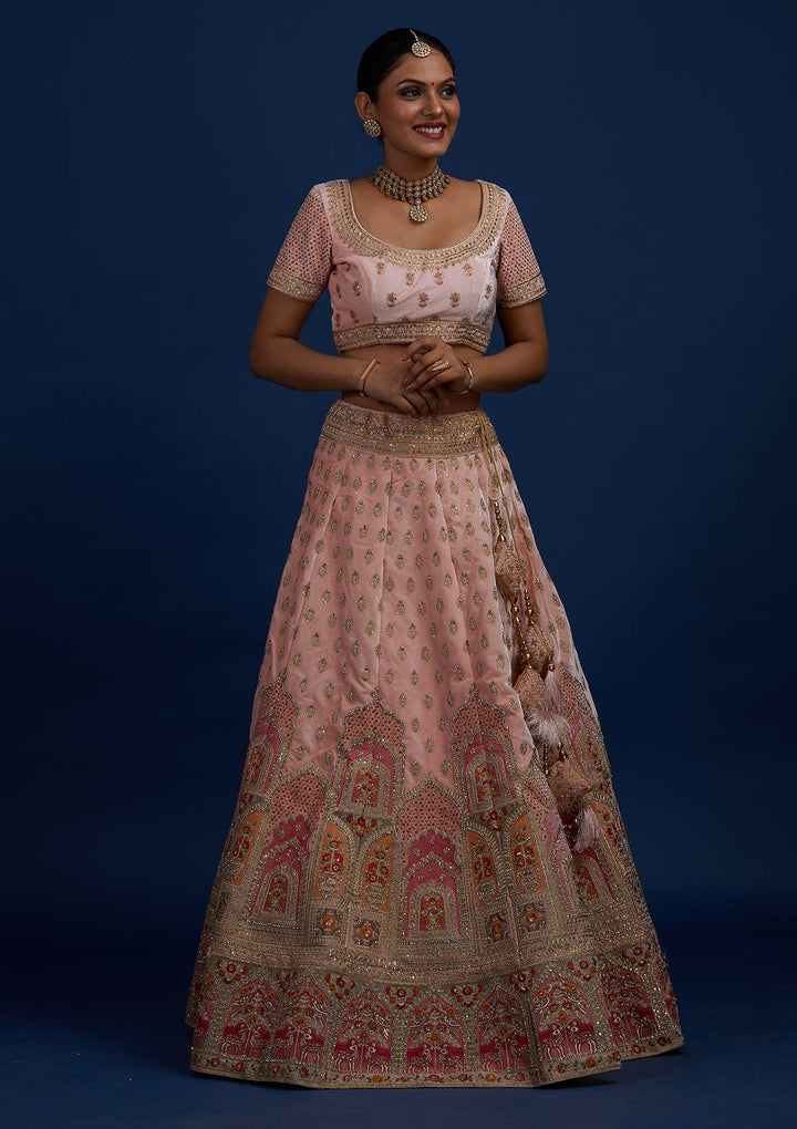 Baby Pink Zariwork Velvet Designer Semi-Stitched Lehenga - Koskii