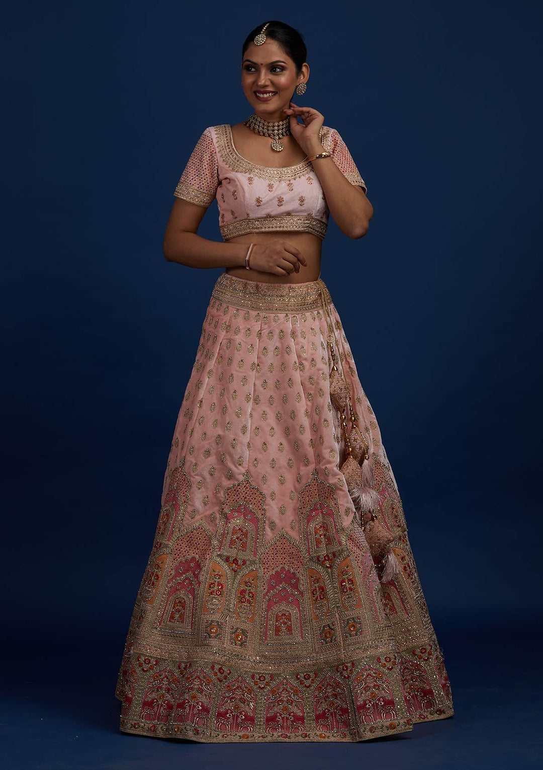 Baby Pink Zariwork Velvet Designer Semi-Stitched Lehenga - Koskii