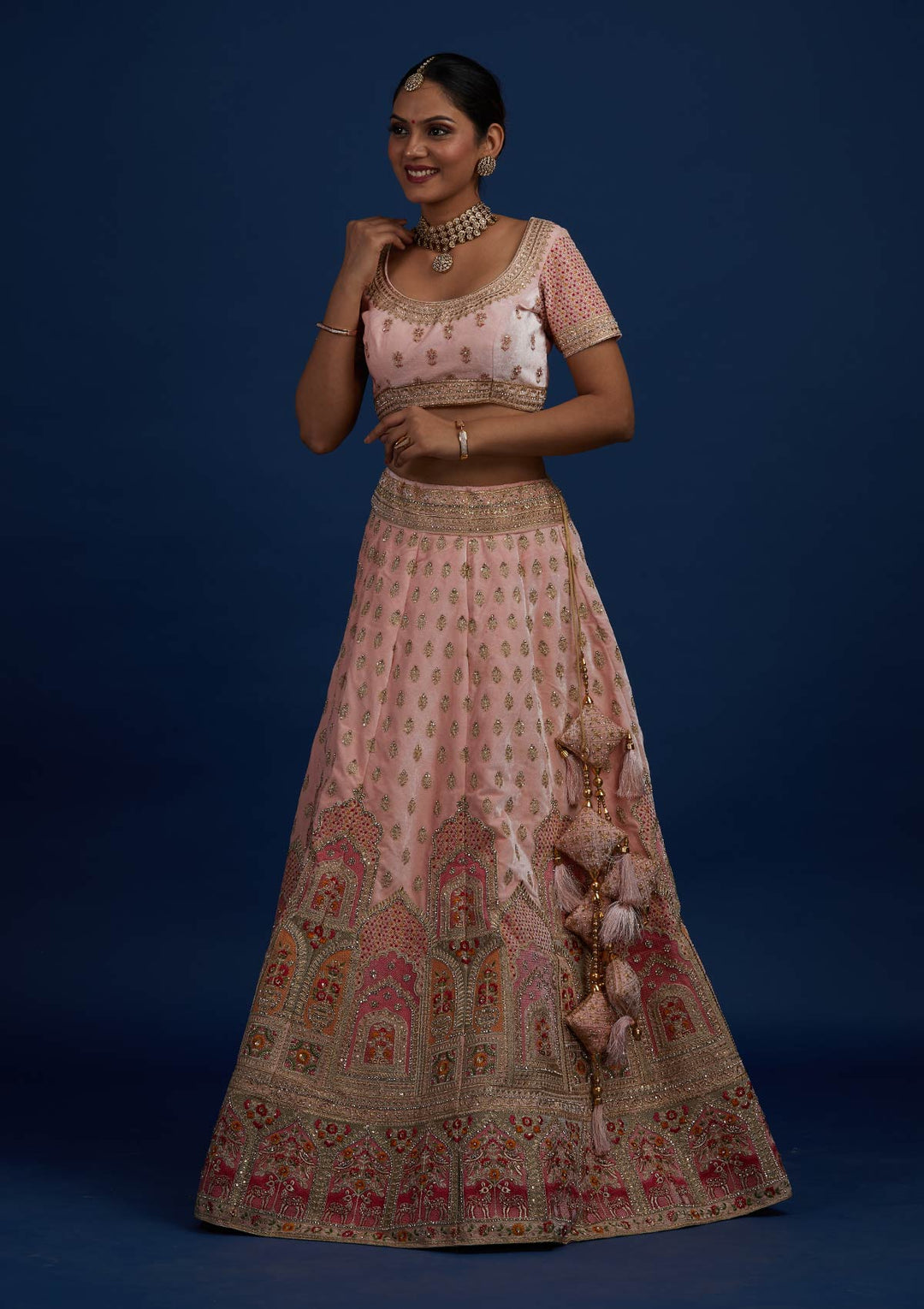 Baby Pink Zariwork Velvet Designer Semi-Stitched Lehenga - Koskii