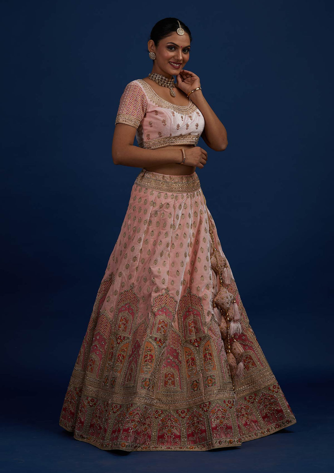 Baby Pink Zariwork Velvet Designer Semi-Stitched Lehenga - Koskii