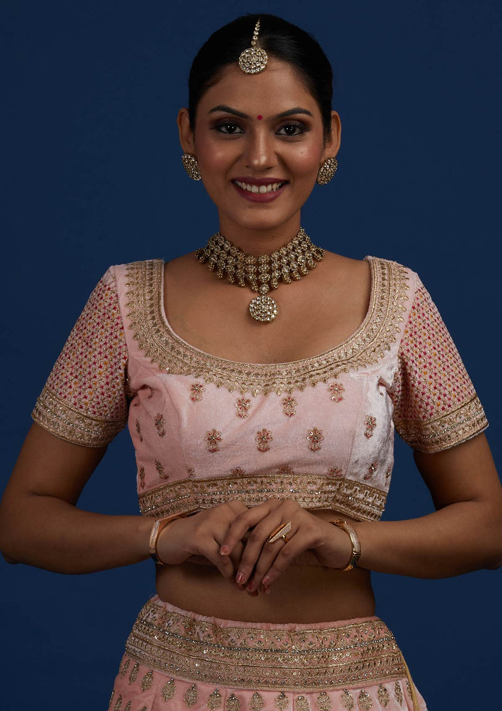 Baby Pink Zariwork Velvet Designer Semi-Stitched Lehenga - Koskii