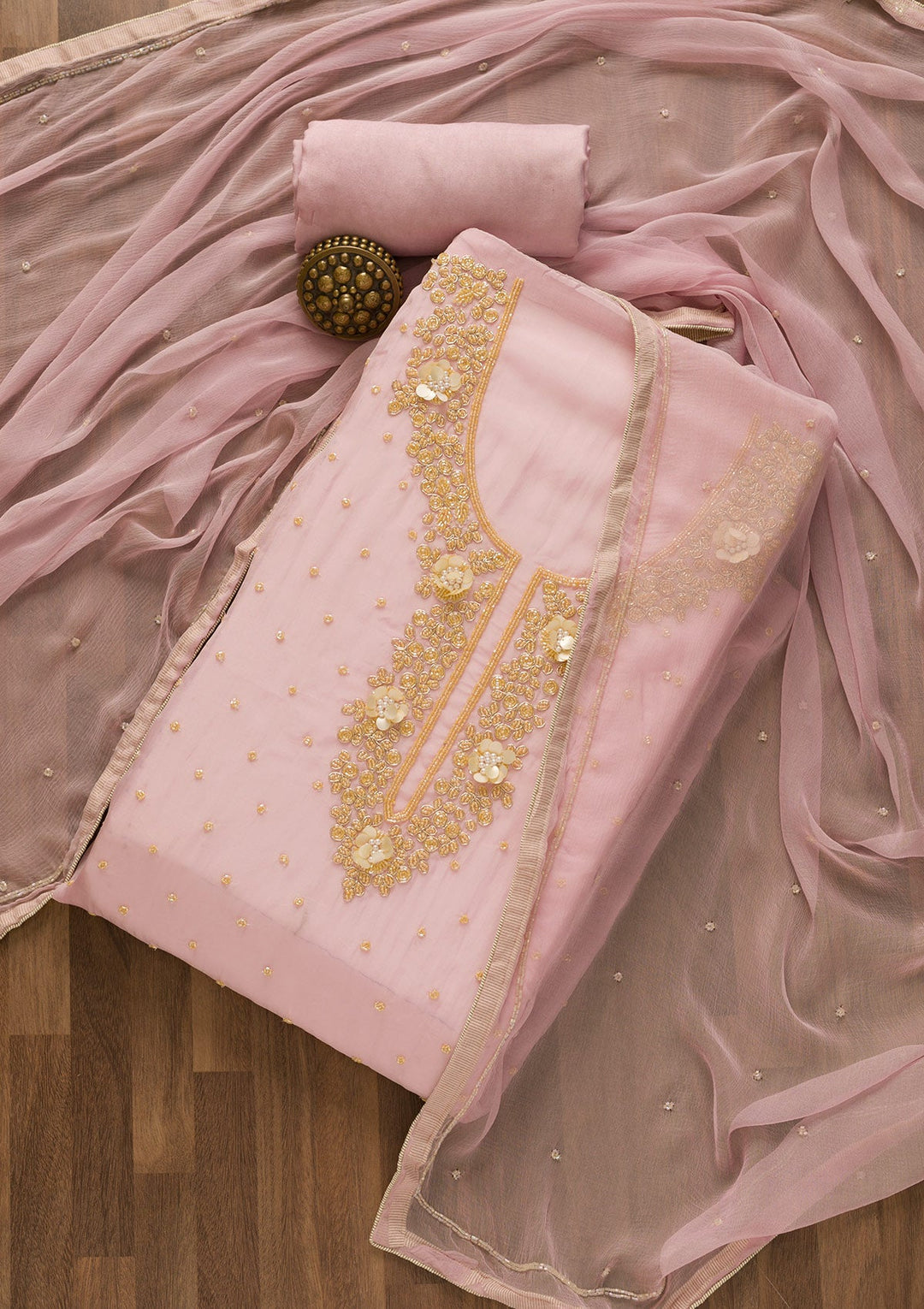 Baby Pink Cutdana Organza Unstitched Salwar Kameez-Koskii