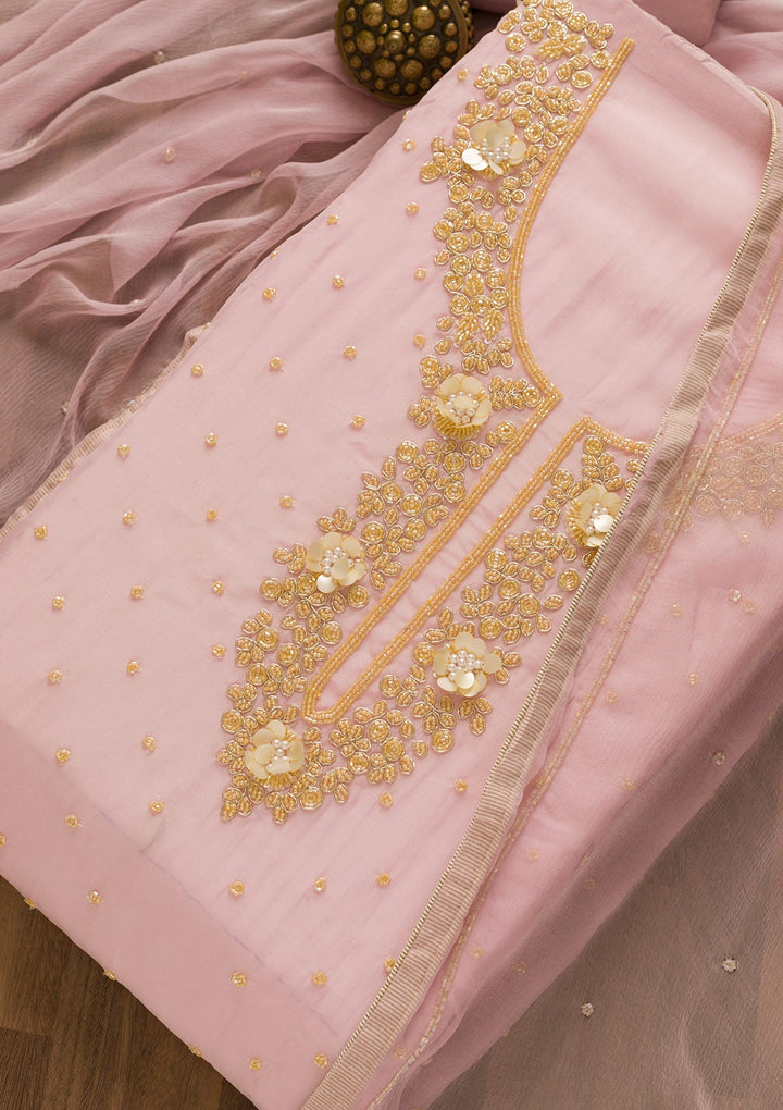 Baby Pink Cutdana Organza Unstitched Salwar Kameez-Koskii