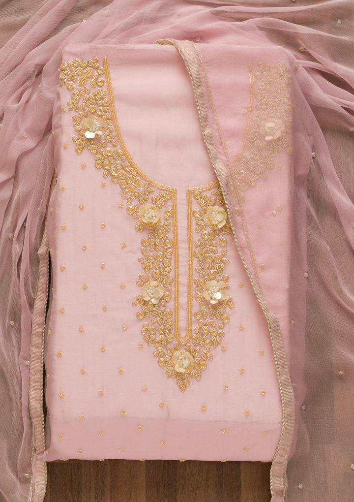 Baby Pink Cutdana Organza Unstitched Salwar Kameez-Koskii