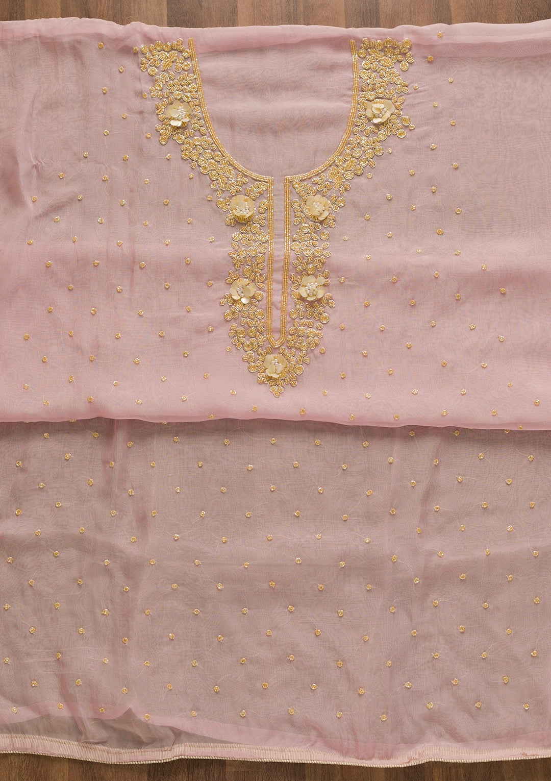 Baby Pink Cutdana Organza Unstitched Salwar Kameez-Koskii