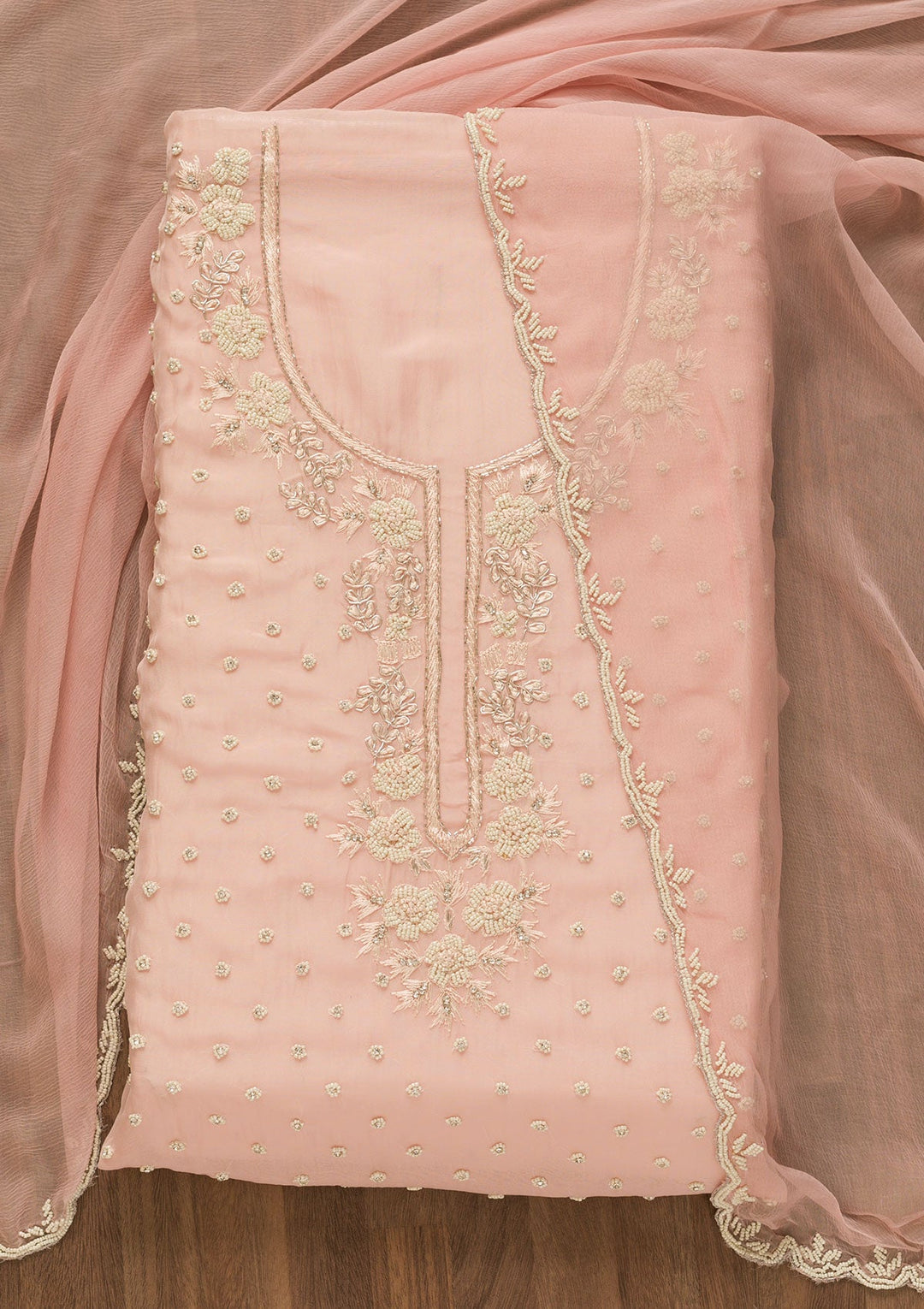 Baby Pink Cutdana Tissue Unstitched Salwar Kameez-Koskii