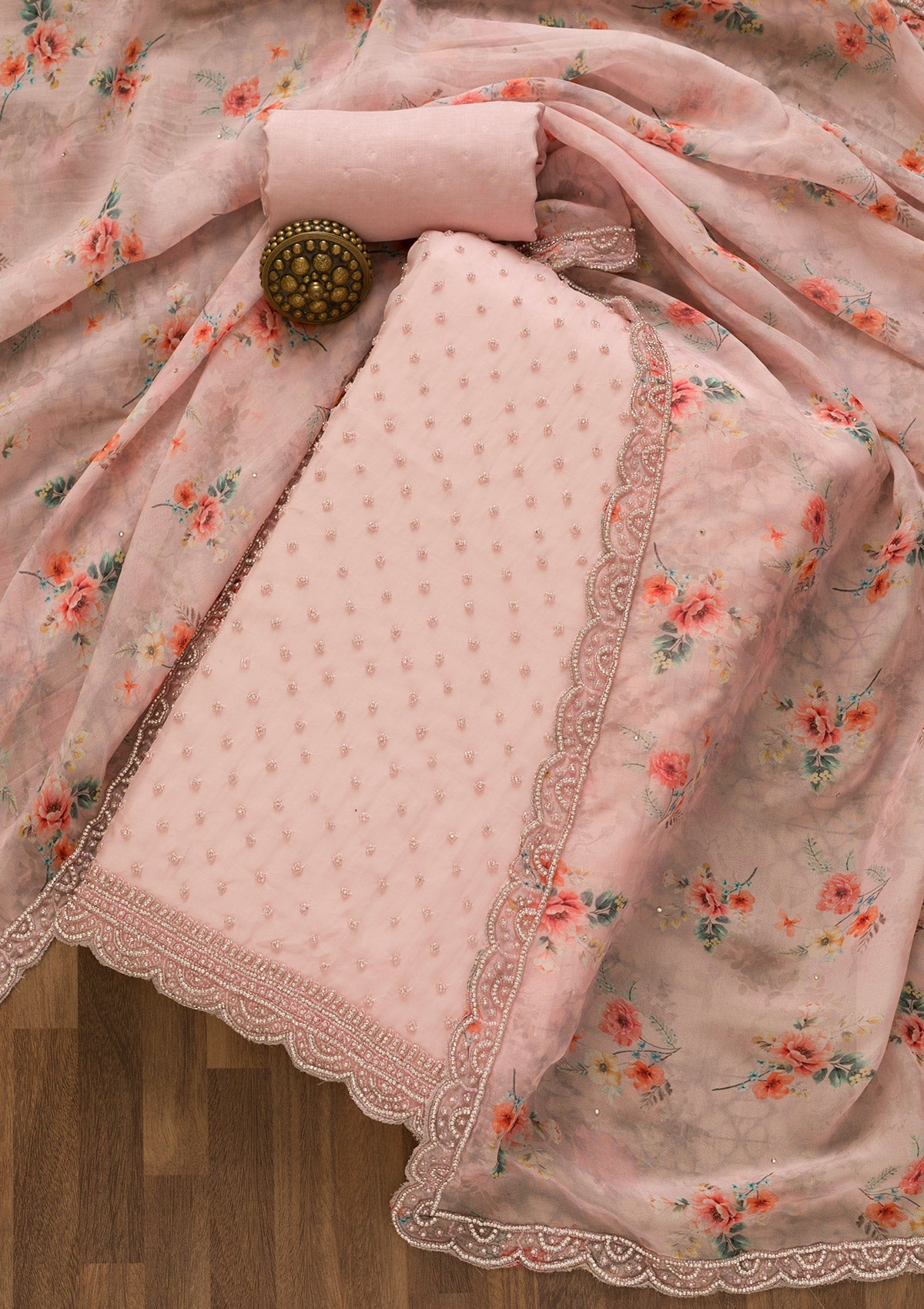 Baby Pink Pearlwork Organza Unstitched Salwar Kameez-Koskii