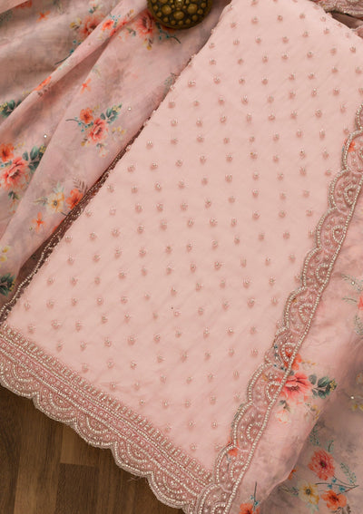 Baby Pink Pearlwork Organza Unstitched Salwar Kameez-Koskii