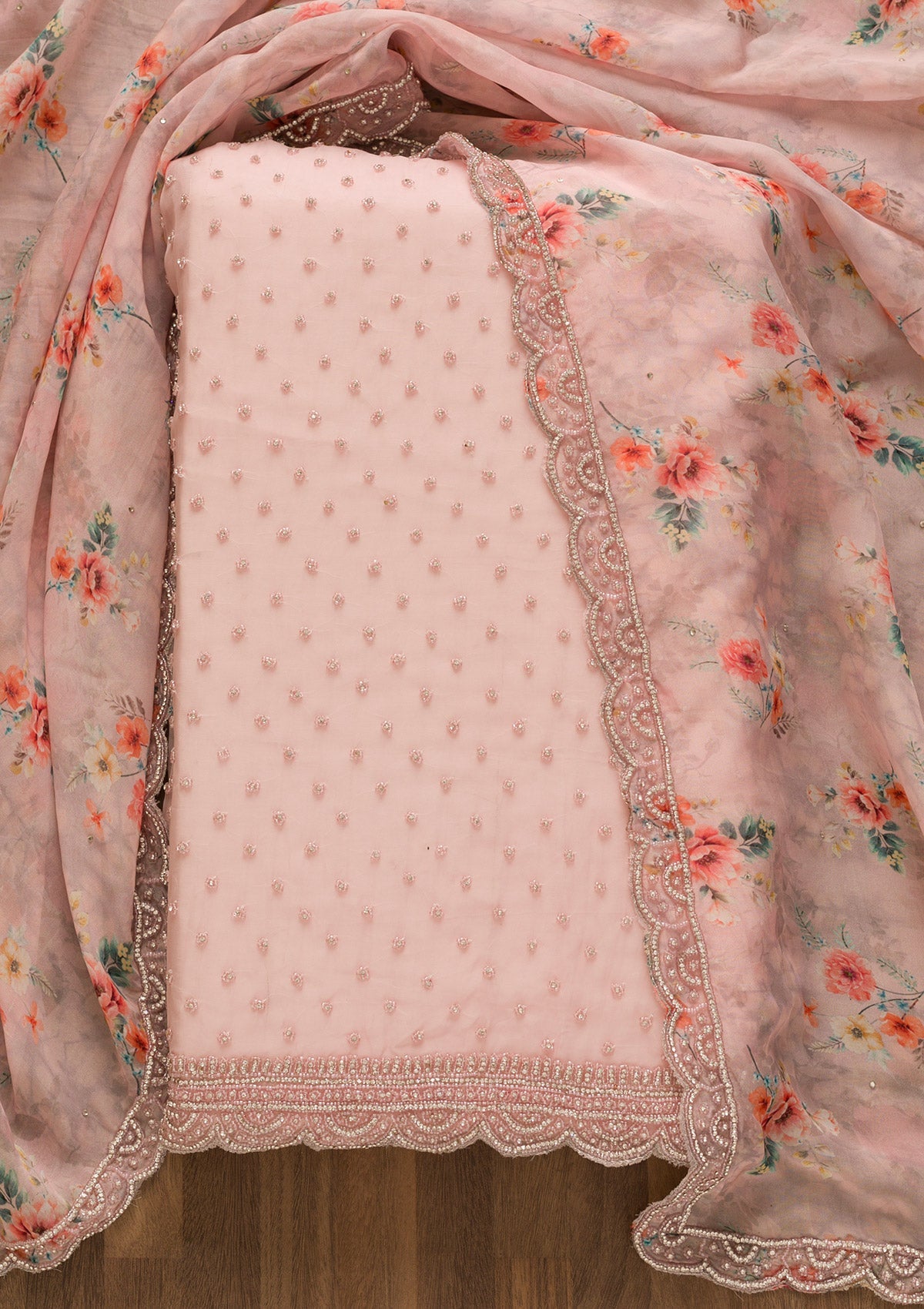 Baby Pink Pearlwork Organza Unstitched Salwar Kameez-Koskii