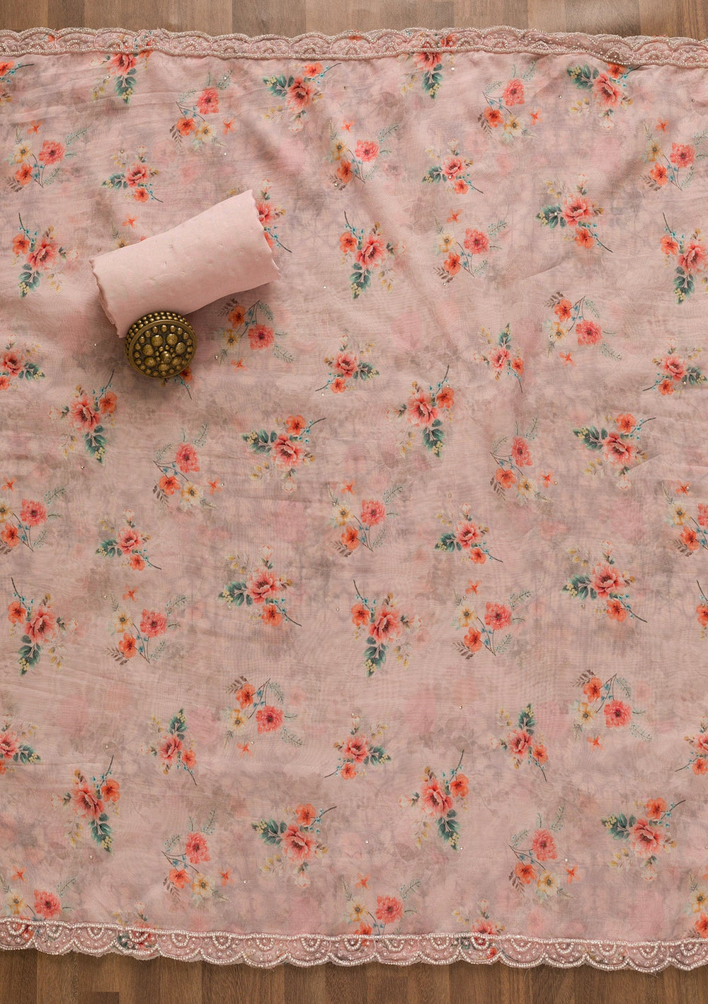 Baby Pink Pearlwork Organza Unstitched Salwar Kameez-Koskii