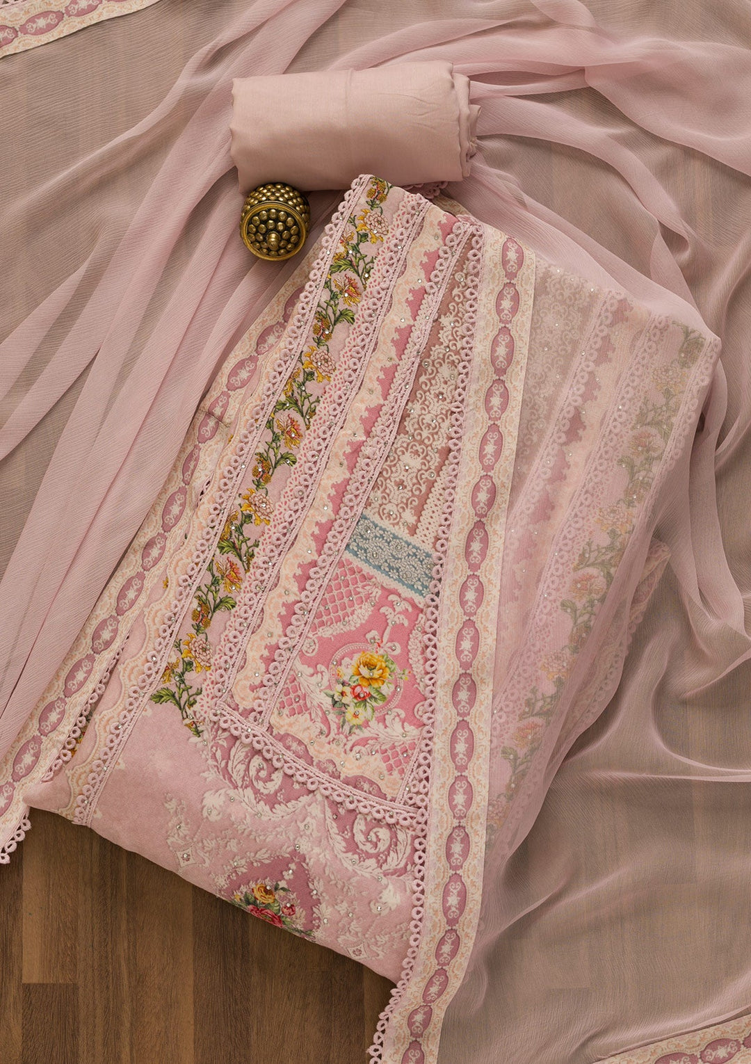 Baby Pink Printed Poly Cotton Unstitched Salwar Kameez-Koskii