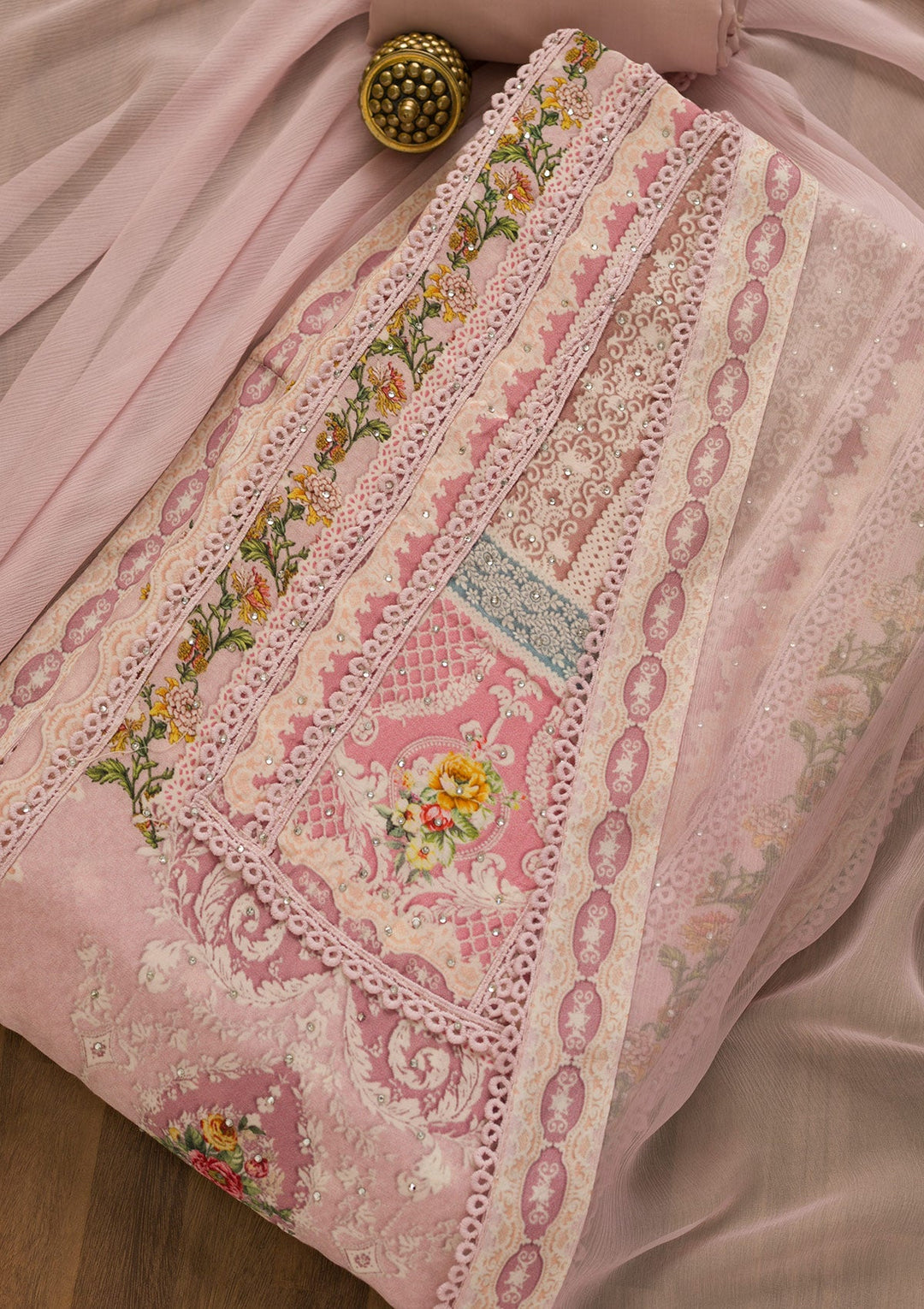Baby Pink Printed Poly Cotton Unstitched Salwar Kameez-Koskii