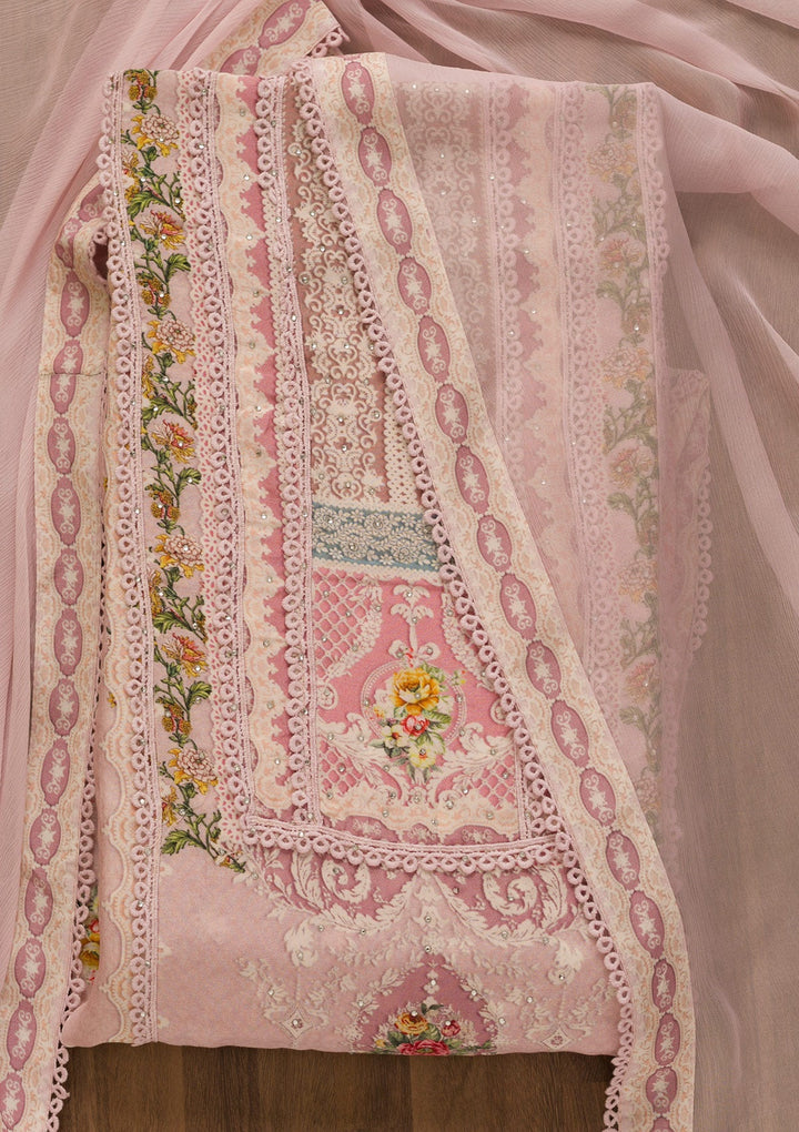 Baby Pink Printed Poly Cotton Unstitched Salwar Kameez-Koskii