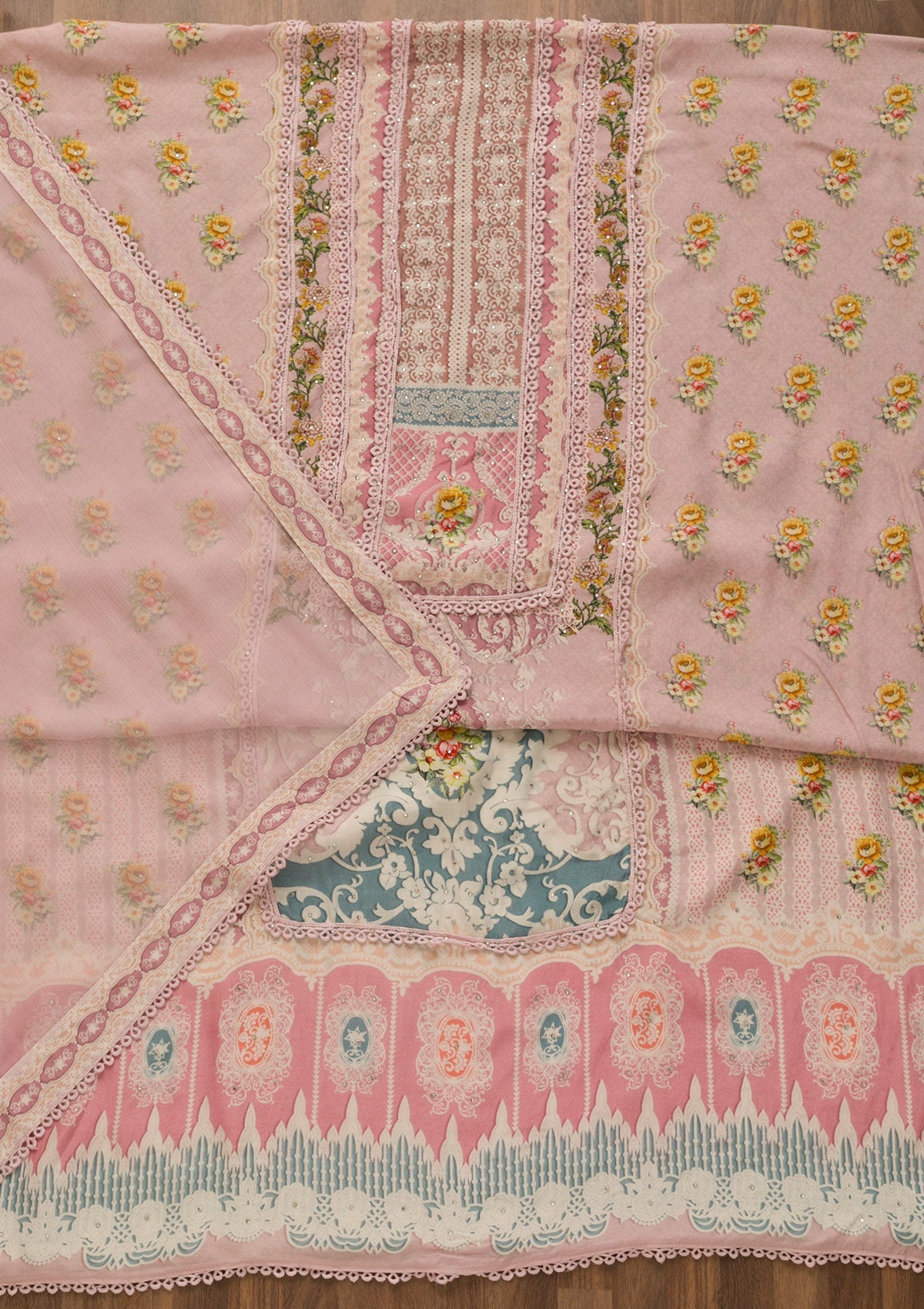 Baby Pink Printed Poly Cotton Unstitched Salwar Kameez-Koskii
