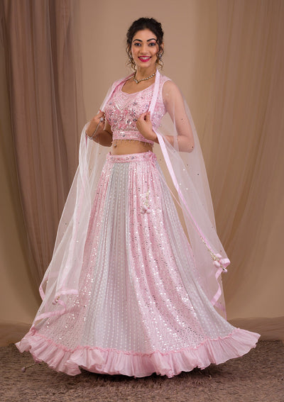 Baby Pink Sequins Georgette Readymade Lehenga-Koskii