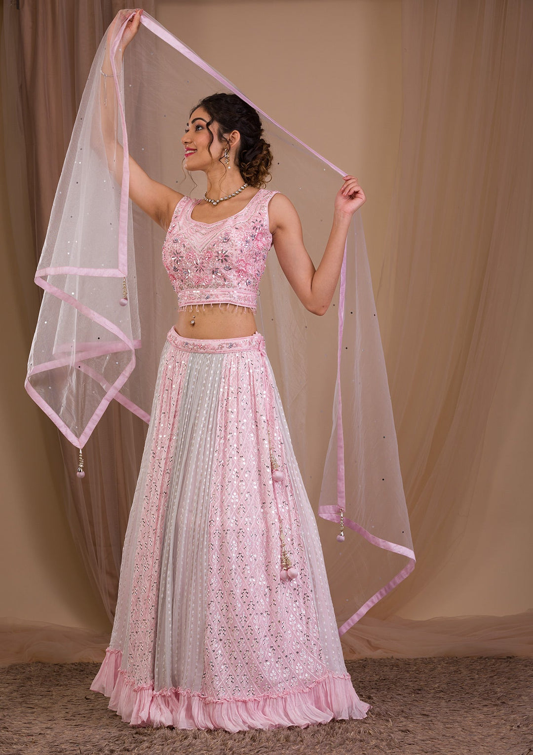 Baby Pink Sequins Georgette Readymade Lehenga-Koskii