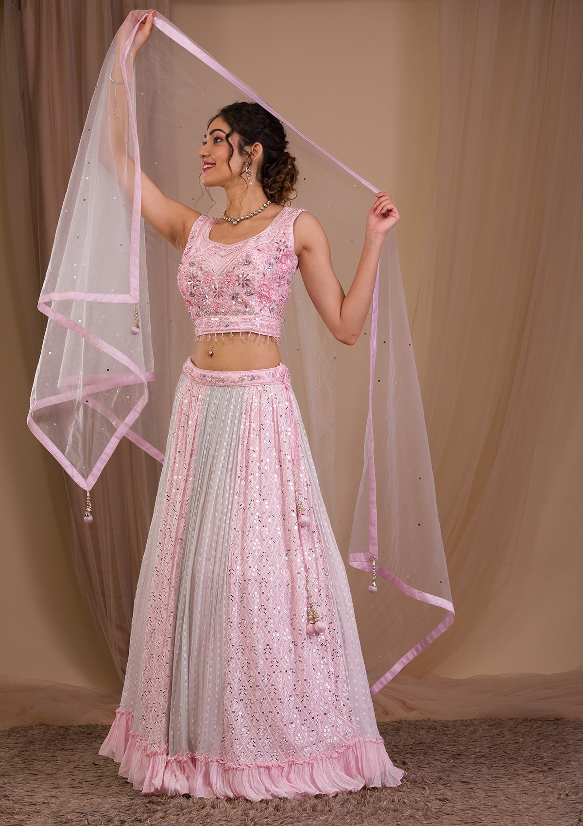 Baby Pink Sequins Georgette Readymade Lehenga-Koskii