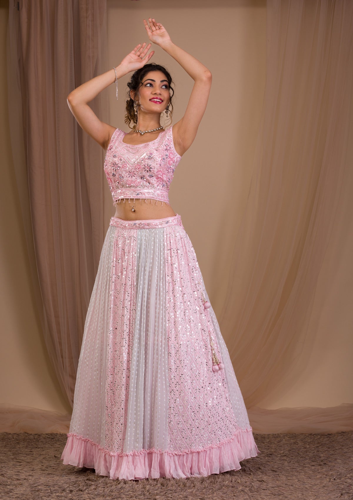 Baby Pink Sequins Georgette Readymade Lehenga-Koskii