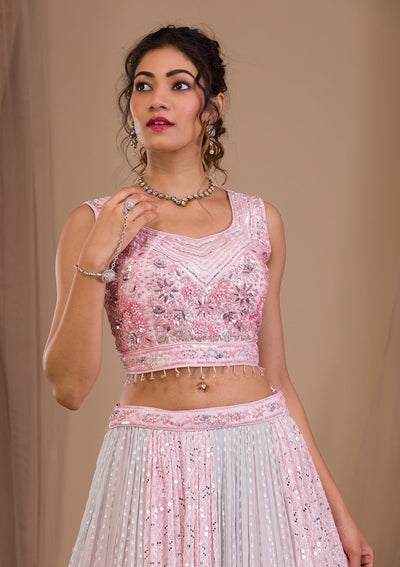 Baby Pink Sequins Georgette Readymade Lehenga-Koskii