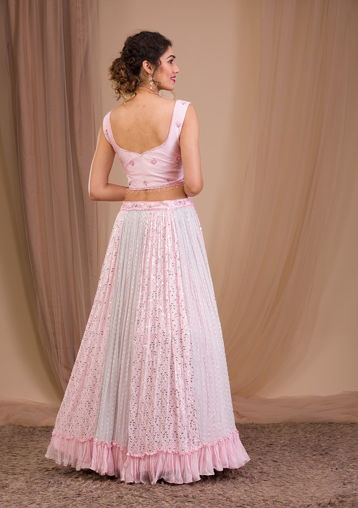 Baby Pink Sequins Georgette Readymade Lehenga-Koskii